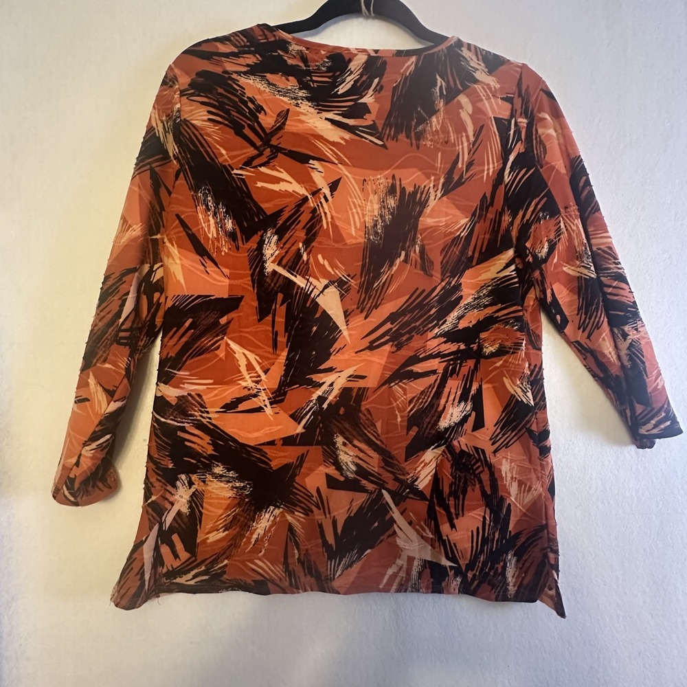 Emily Daniels Orange Black Abstract Print 3/4 Sleeve Top Size S China
